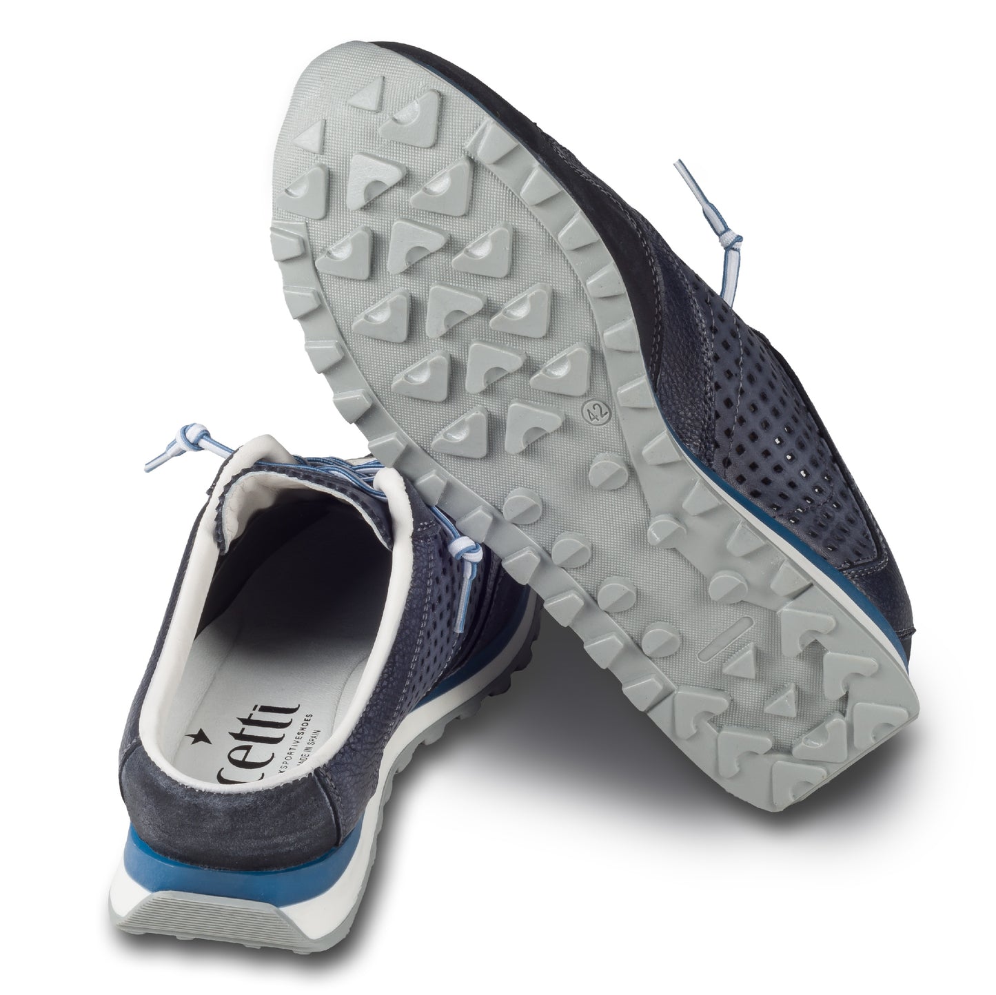 CETTI Herren Leder Sneaker-Mule, Modell „C848“ in dunkelblau / grau (used tin antracita), Made in Spain. Ansicht der Ferse und Sohlenunterseite.