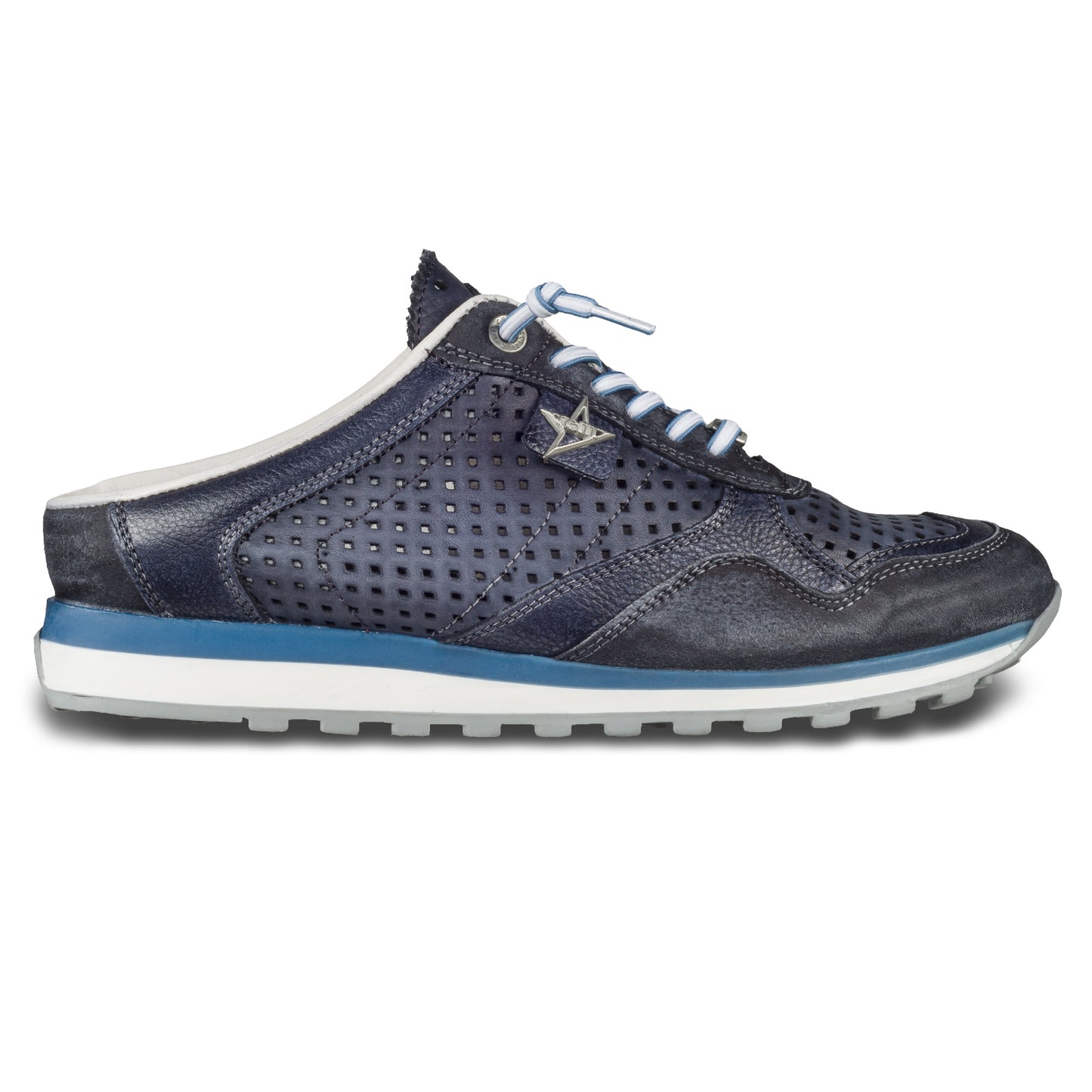 CETTI Herren Leder Sneaker-Mule, Modell „C848“ in dunkelblau / grau (used tin antracita), Made in Spain. Ansicht der Außenseite rechter Schuh.