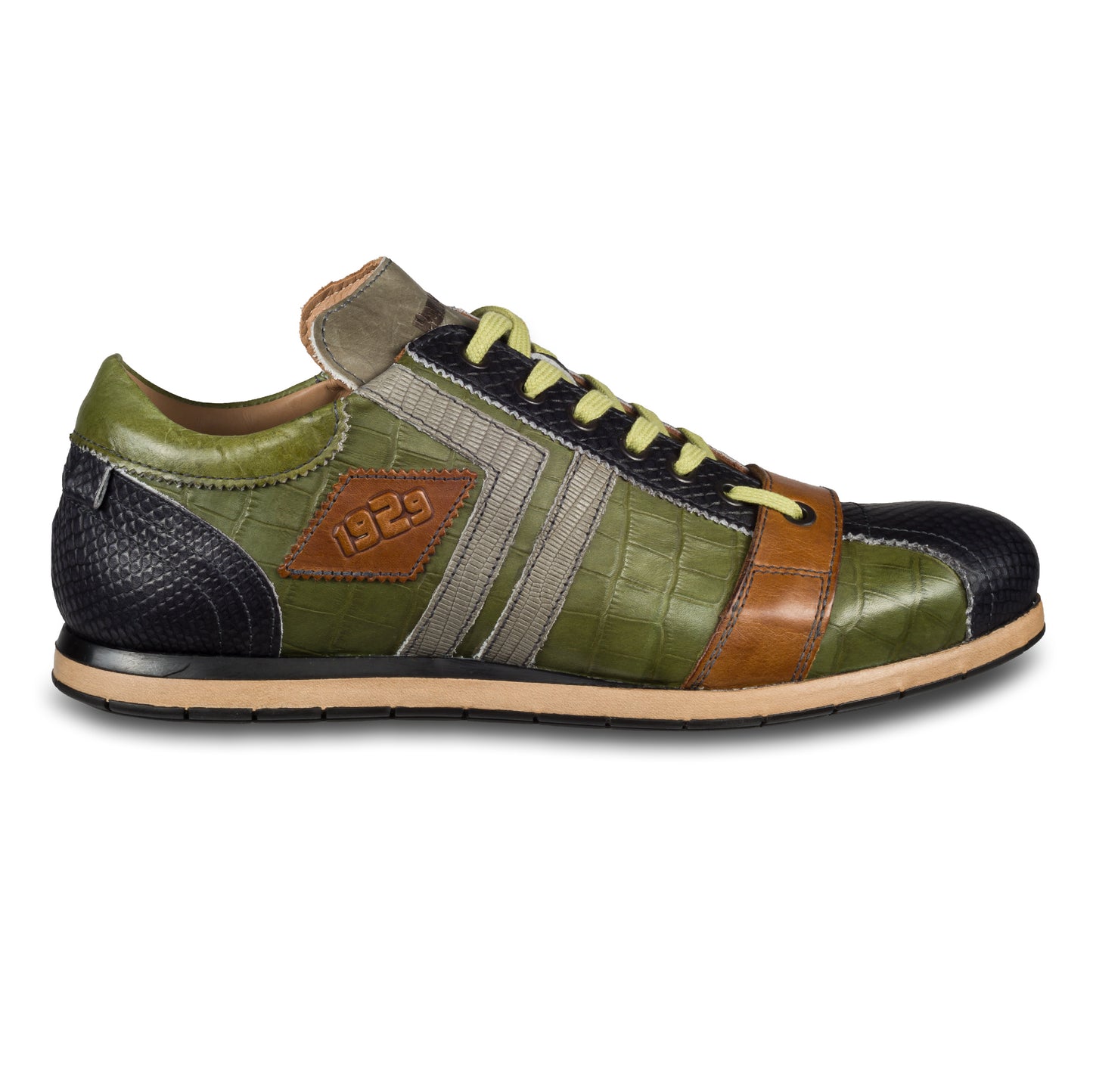 KAMO-GUTSU Herren Leder Sneaker grün / schwarz Kroko-Optik, Modell TIFO-030 fumo + erba + grey. Handgefertigt in Italien. Ansicht der Außenseite rechter Schuh.