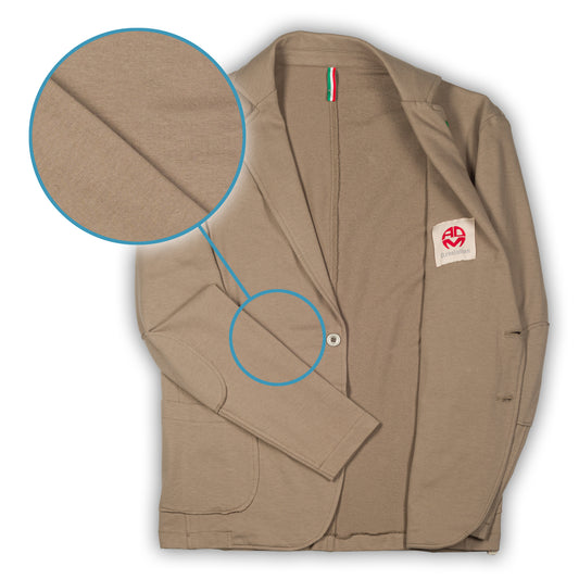 KARL MOMMOO Italienisches Herren-Sakko, beige Baumwolle. Ansicht Vorderseite und Detail