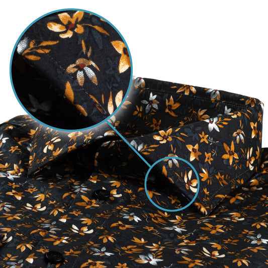 Italienisches Designer Langarm Herren-Hemd von KARL MOMMOO in dunkelgrau/ hellbraun mit Blumen Muster. Aus Baumwolle mit Elasthan in der Modern Fit Passform. Gefertigt in Italien. Detailansicht Kragen und Material bzw. Muster.