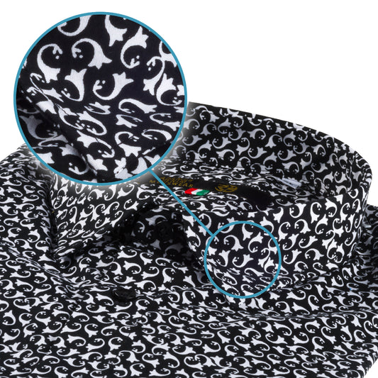 Italienisches Designer Langarm Herren-Hemd von KARL MOMMOO schwarz/weiß gemustert. Aus Baumwolle mit Elasthan in der Modern Fit Passform. Gefertigt in Italien. Detailansicht Kragen und Material bzw. Muster.