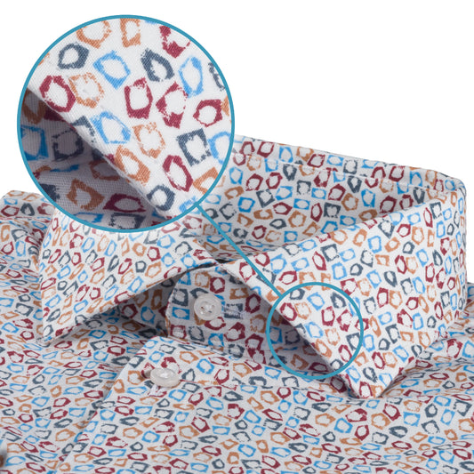 Italienisches Designer Langarm Herren-Hemd von KARL MOMMOO in weiß / bunt gemustert. Aus Baumwolle mit Elasthan in der Modern Fit Passform. Gefertigt in Italien. Detailansicht Kragen und Material bzw. Muster.