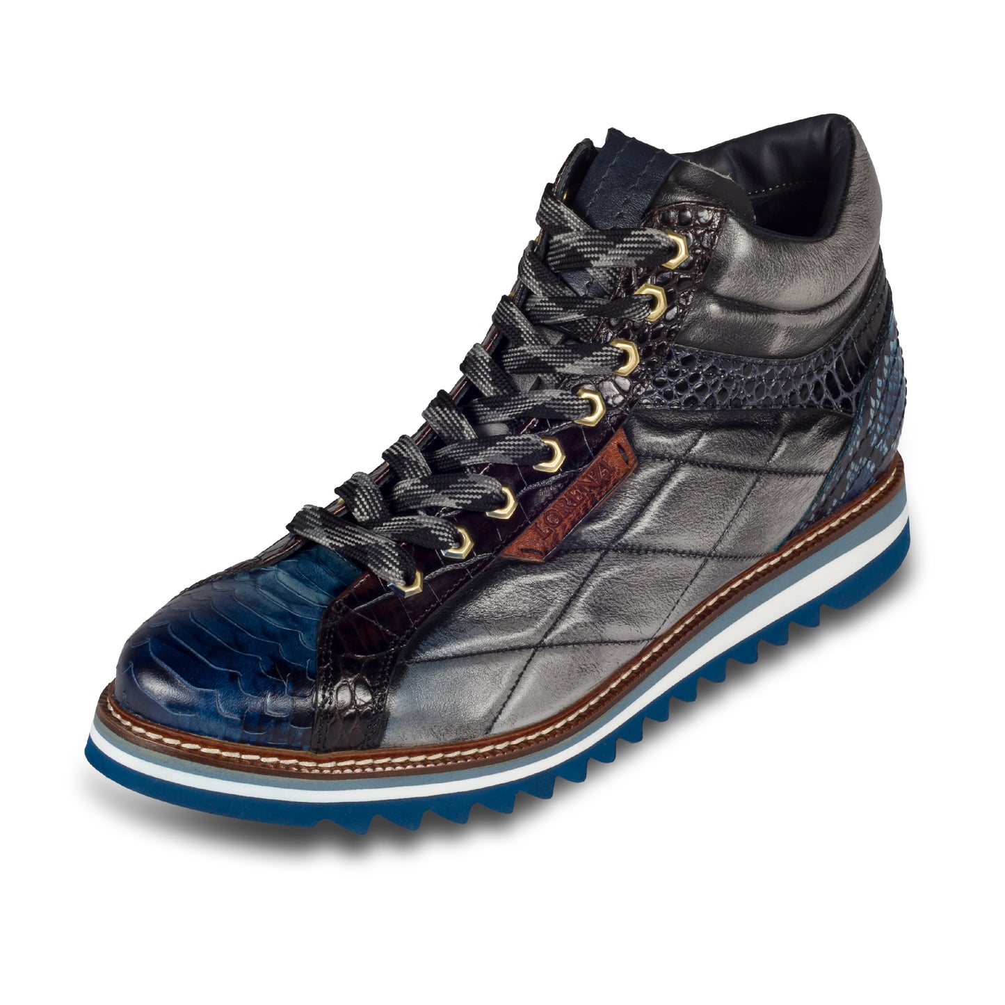 LORENZI Herren Sneaker-Stiefel / High-Top, in blau/grau, Reptilprägung, Steppoptik, Airbrush-Färbung. Mit Lammfelll und Reißverschluß. Handgefertigt in Italien. Schräge Ansicht linker Schuh