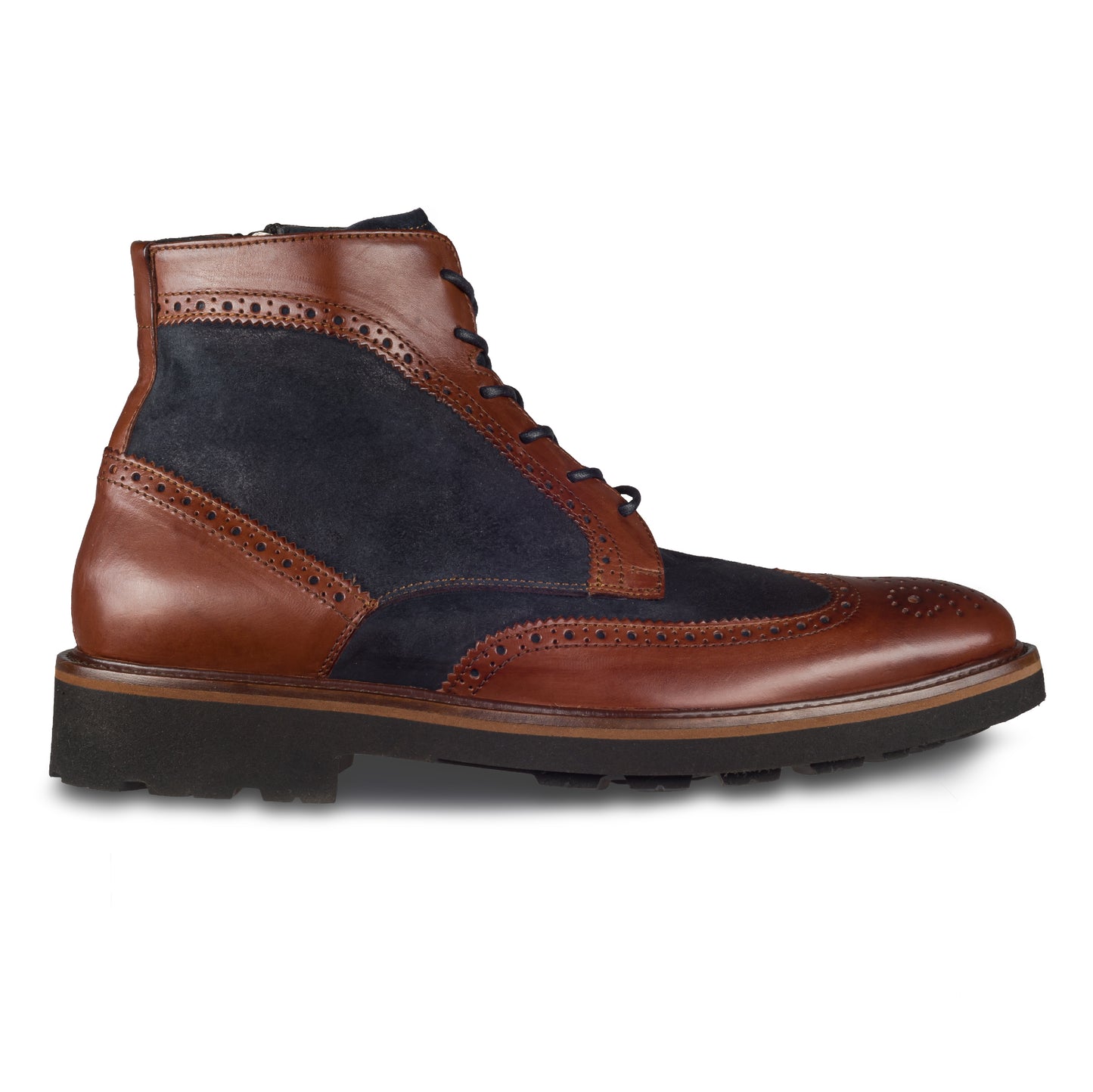 Lorenzi Herren Leder-Stiefelette braun mit blauem Velours-Leder, im Budapester-Stil. Mit Schnürung und Reißverschluß. Handgefertigt und durchgenäht. Seitliche Ansicht der Außenseite rechter Schuh.