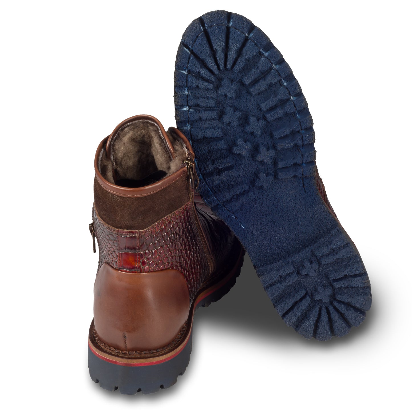 Lorenzi - Herren Kalbsleder Schnürboots rot Reptil Prägung, mit Reißverschluß und Lammfell, durchgenäht. Ansicht Ferse und Sohle