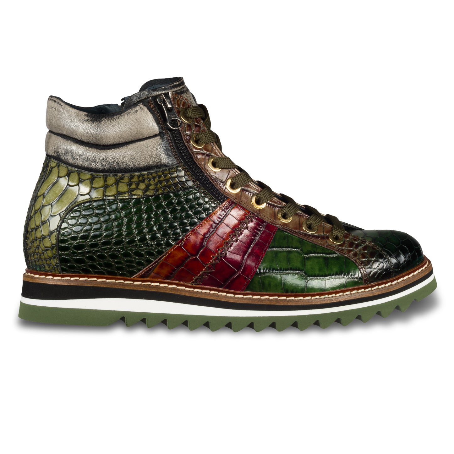 Lorenzi Italienische Herren Leder-Sneaker Stiefel in grün mit Kroko-Prägung und Reißverschluß. Handgefertigt. Ansicht der Außenseite rechter Schuh