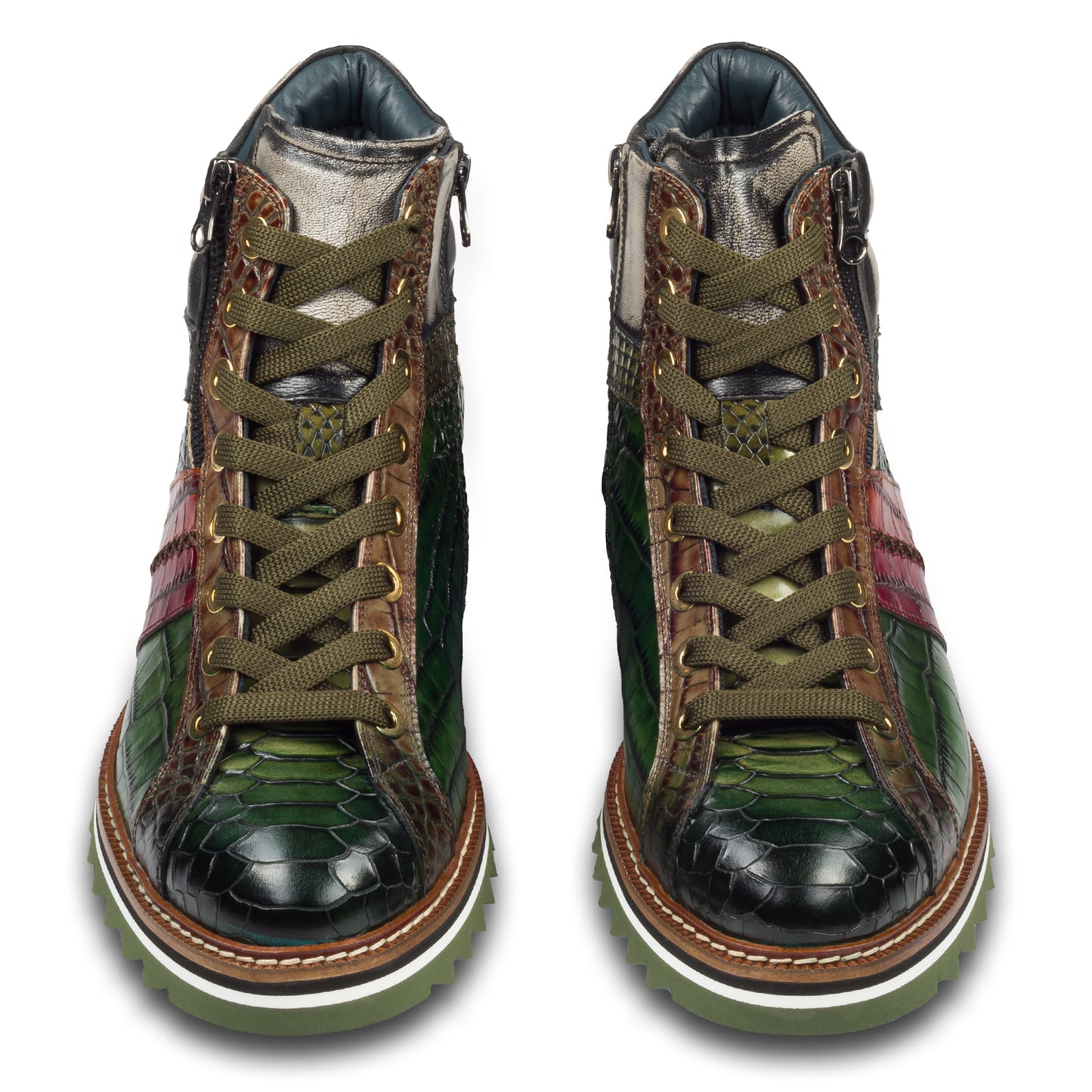 Lorenzi Italienische Herren Leder-Sneaker Stiefel in grün mit Kroko-Prägung und Reißverschluß. Handgefertigt. Paarweise Ansicht von vorne
