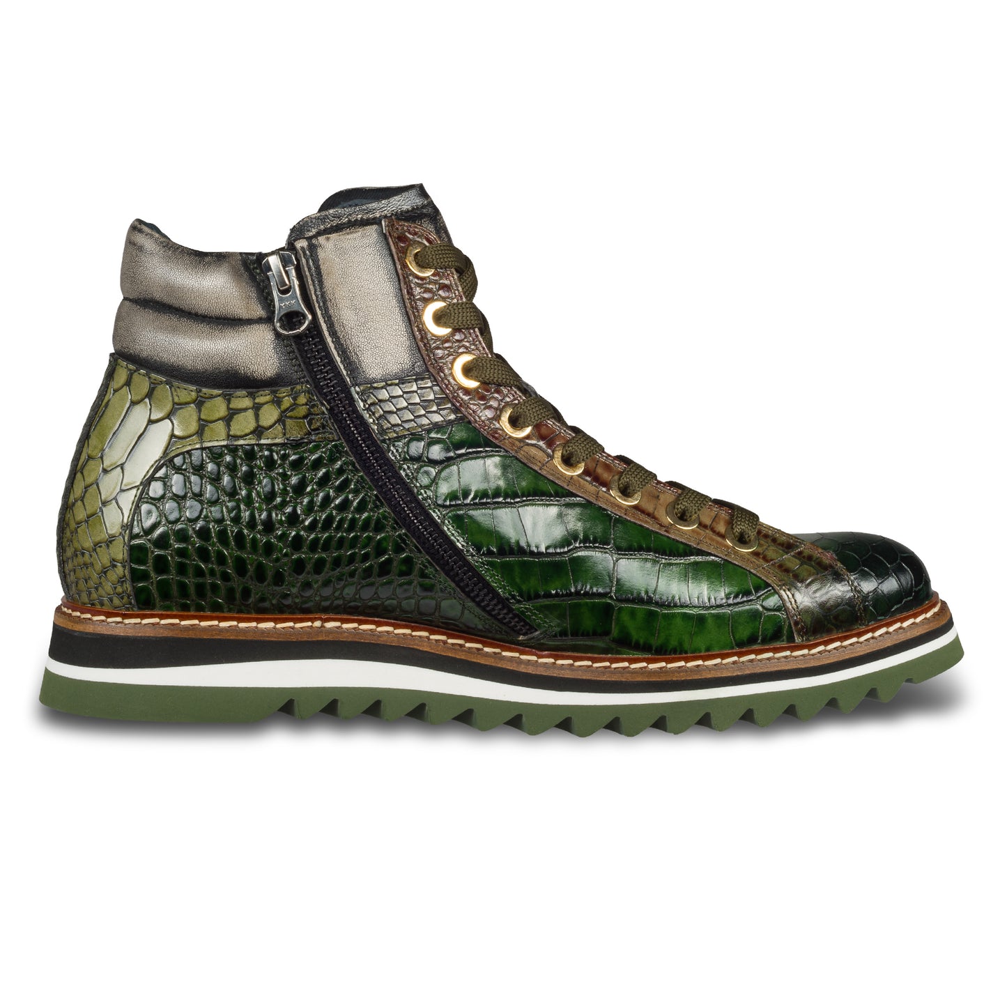 Lorenzi Italienische Herren Leder-Sneaker Stiefel in grün mit Kroko-Prägung und Reißverschluß. Handgefertigt. Ansicht der Innenseite linker Schuh.