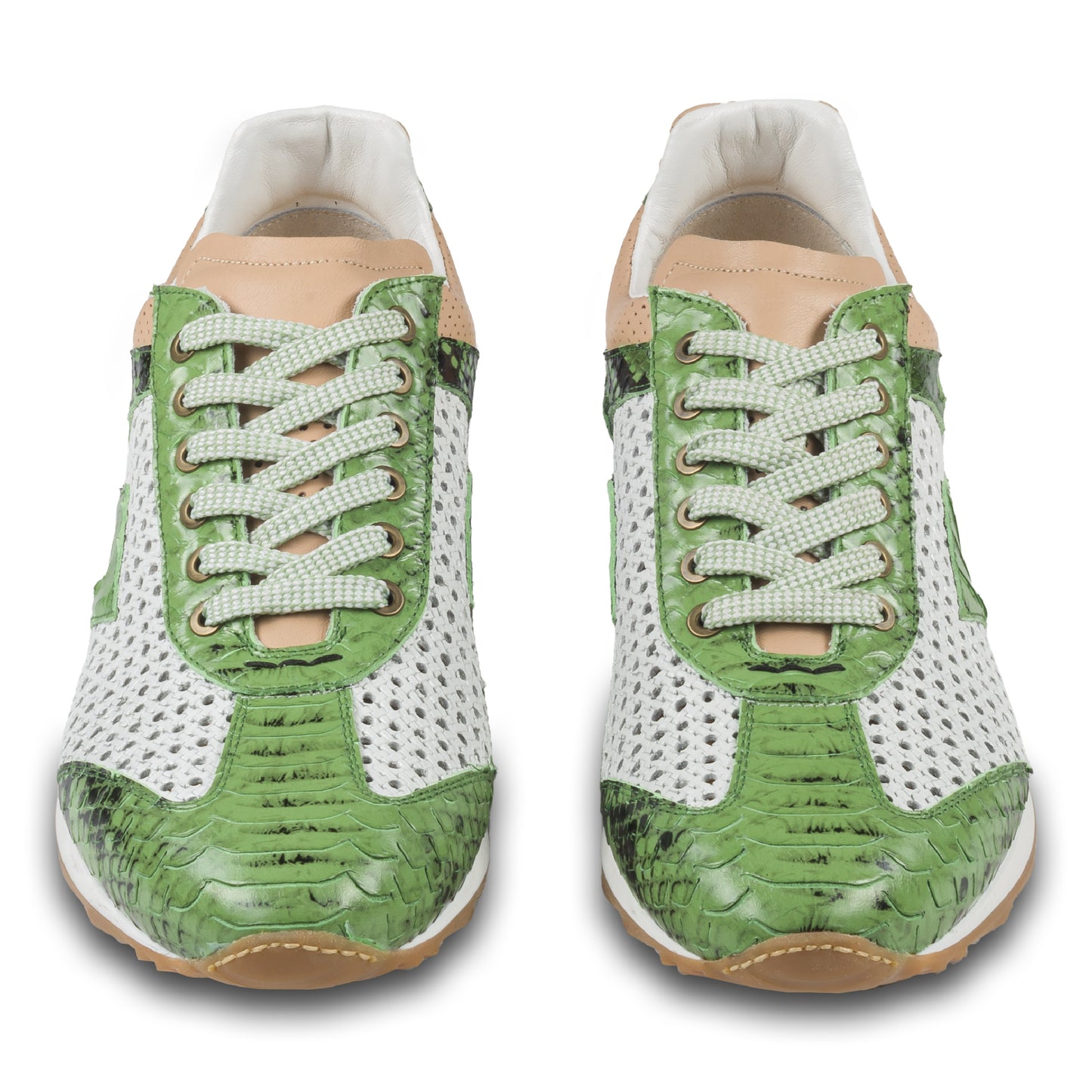 Lorenzi Herren Leder Sneaker in grün / weiß mit Schlangen-Prägung und perforiertem Kalbsleder. Handgefertigt in Italien. Paarweise Ansicht von vorne.