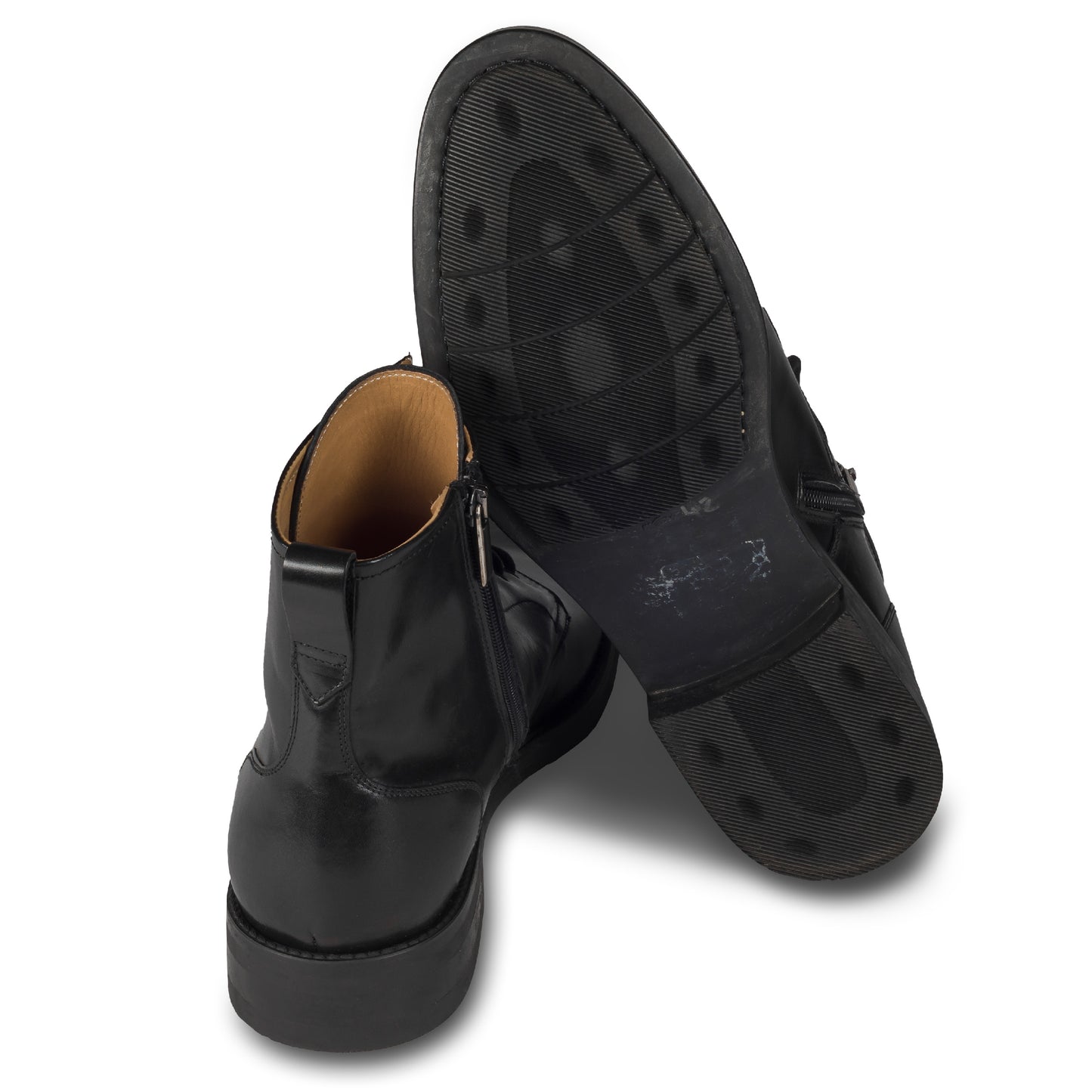 BRECOS Italienische Herren Schnür-Stiefelette mit Reißverschluß, schwarz, Kalbsleder, handgefertigt. Ansicht Ferse und Sohle