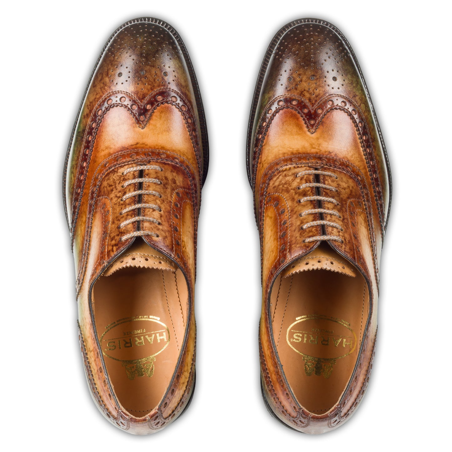 Harris Herren Anzugschuhe / Schnür-Halbschuhe, braun grün mit handgefärbter Patina. Made in Italy. Durchgenäht. Paarweise Draufsicht.