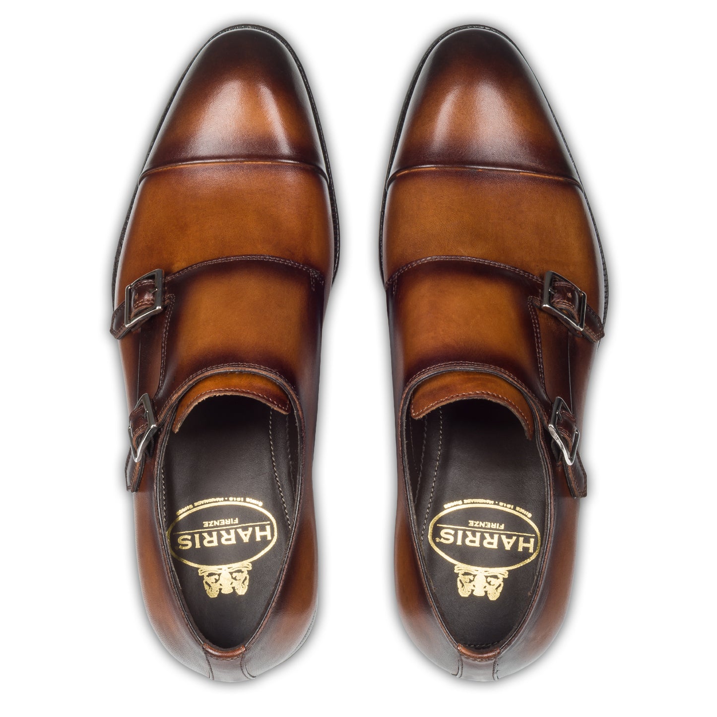 HARRIS Herren Double Monk braun, Herrenschuhe aus Kalbsleder mit Patina, handgefärbt und durchgenäht. Paarweise Draufsicht