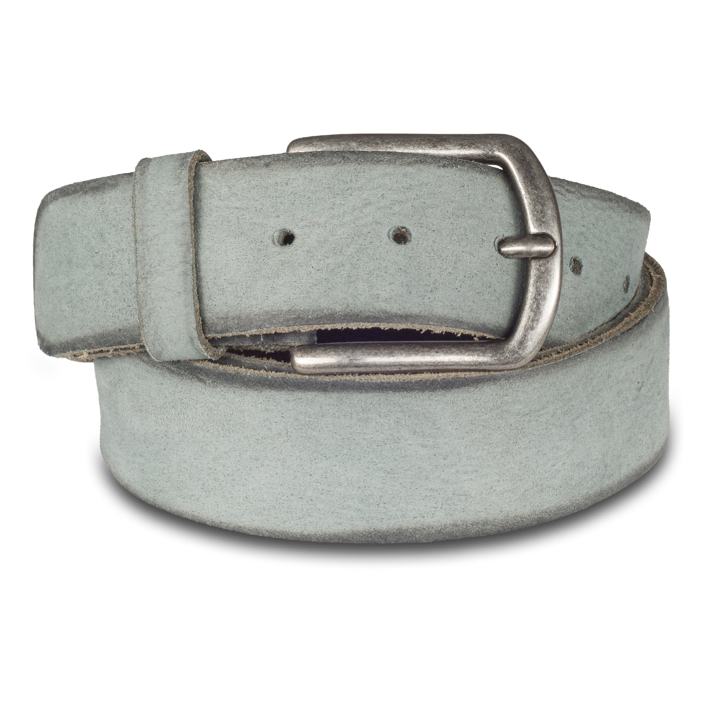 Jeans-Gürtel aus mattem Vollrind-Leder in blau/grau mit dunklen Rändern. 4 cm breit. Dornschließe in Altsilber