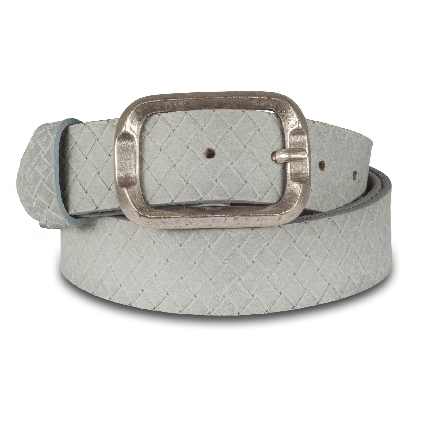 Herren Jeans-Gürtel aus Velours-Leder in grau mit Flechtoptik, 3.5 cm breit. Dornschließe in Altsilber.