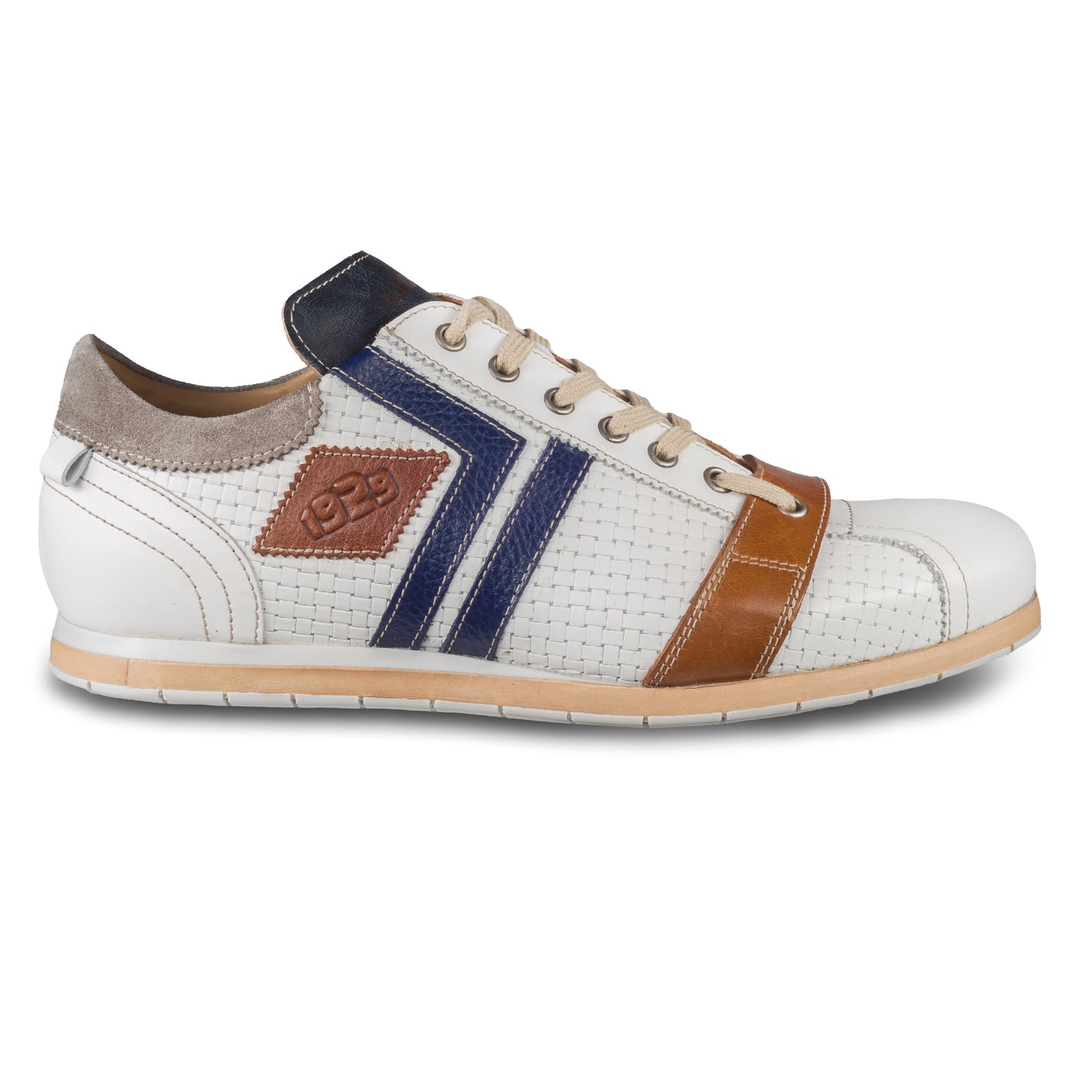 Kamo-Gutsu Sneaker Herren in Weiß mit Braun und Blau (TIFO-030 bianco). Aus Kalbsleder in Flechtoptik. Handgefertigt Made in Italy. Außenseite rechter Schuh.