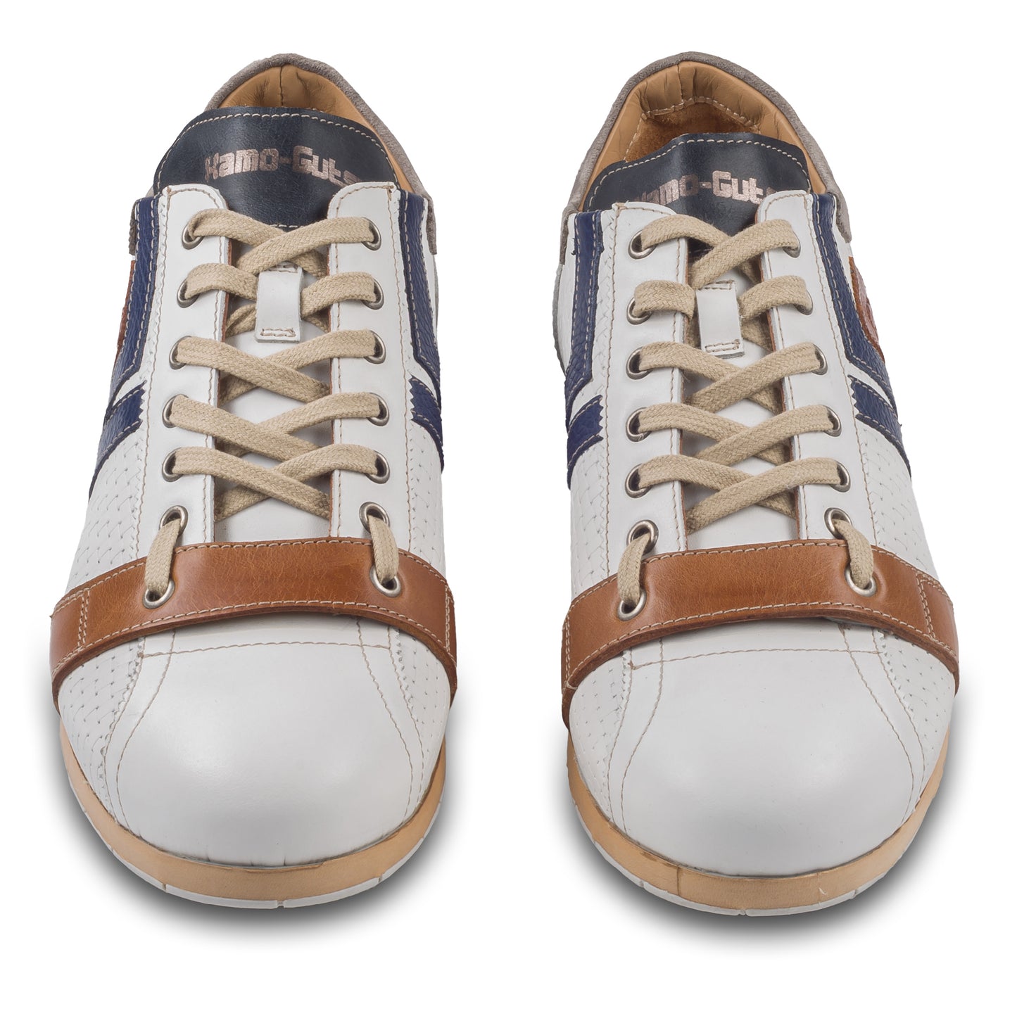 Kamo-Gutsu Sneaker Herren in Weiß mit Braun und Blau (TIFO-030 bianco). Aus Kalbsleder in Flechtoptik. Handgefertigt Made in Italy. Paarweise Ansicht von vorne.