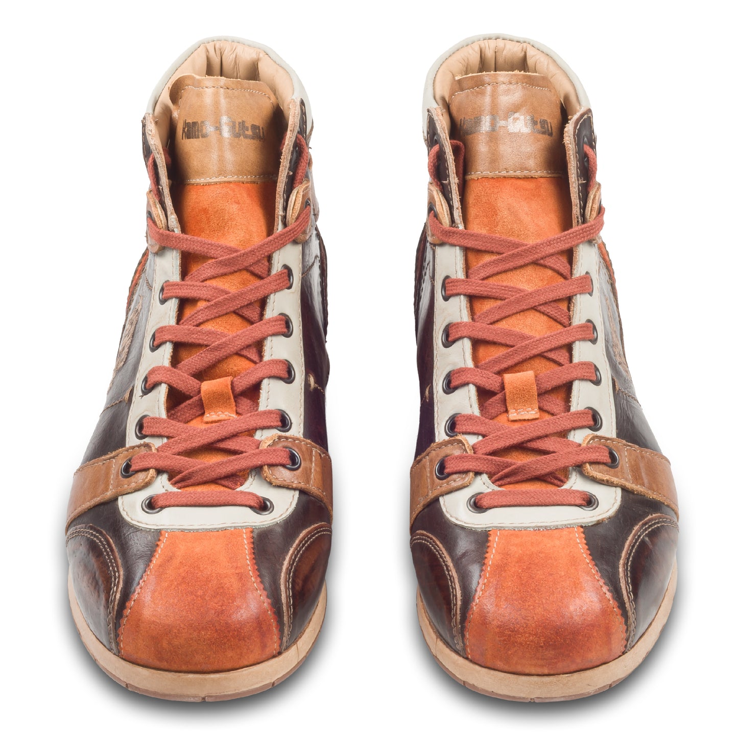 Kamo-Gutsu Sneaker-Stiefel Herren in braun mit orange (TIFO-112 arancio caffe). Aus Kalbsleder stonewashed. Handgefertigt Made in Italy. Paarweise Ansicht von vorne.
