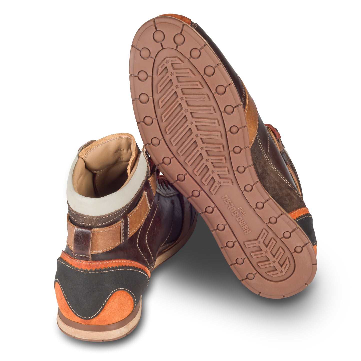 Kamo-Gutsu Sneaker-Stiefel Herren in braun mit orange (TIFO-112 arancio caffe). Aus Kalbsleder stonewashed. Handgefertigt Made in Italy. Ansicht Ferse und Sohle