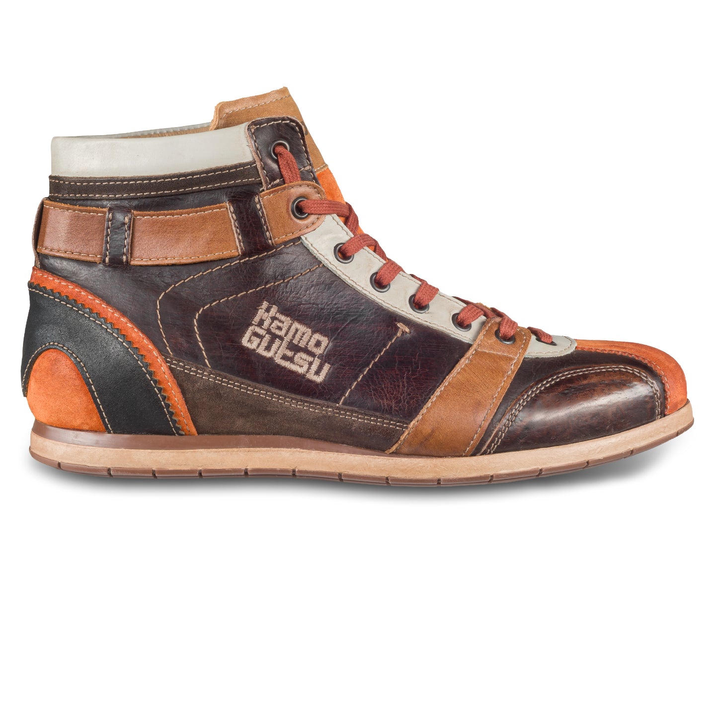 Kamo-Gutsu Sneaker-Stiefel Herren in braun mit orange (TIFO-112 arancio caffe). Aus Kalbsleder stonewashed. Handgefertigt Made in Italy. Ansicht Außenseite rechter Schuh