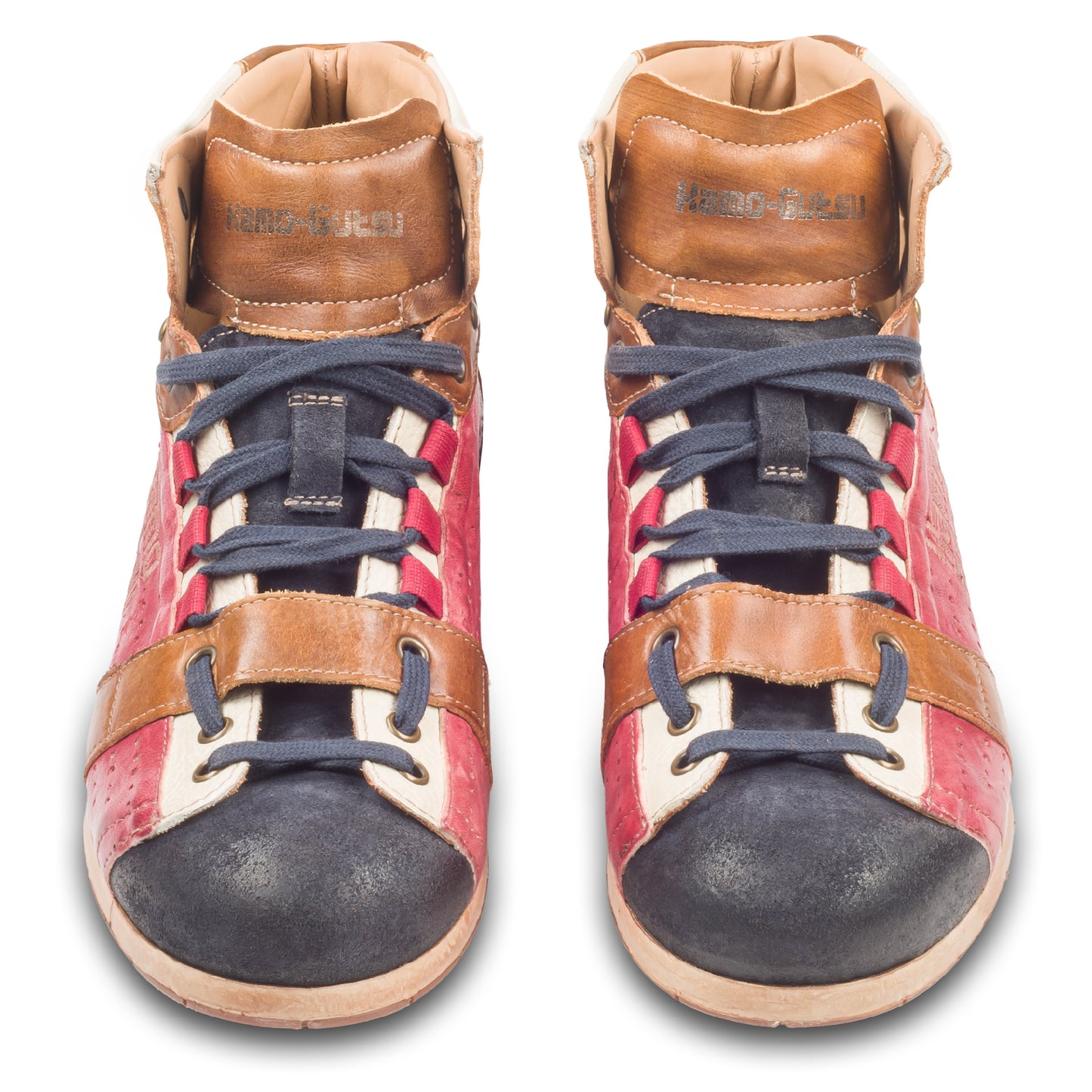 Kamo-Gutsu Sneaker-Stiefel Herren in rot mit blau und braun (TIFO-105 blu rubino). Aus Kalbsleder stonewashed. Handgefertigt Made in Italy. Paarweise Ansicht von vorne.