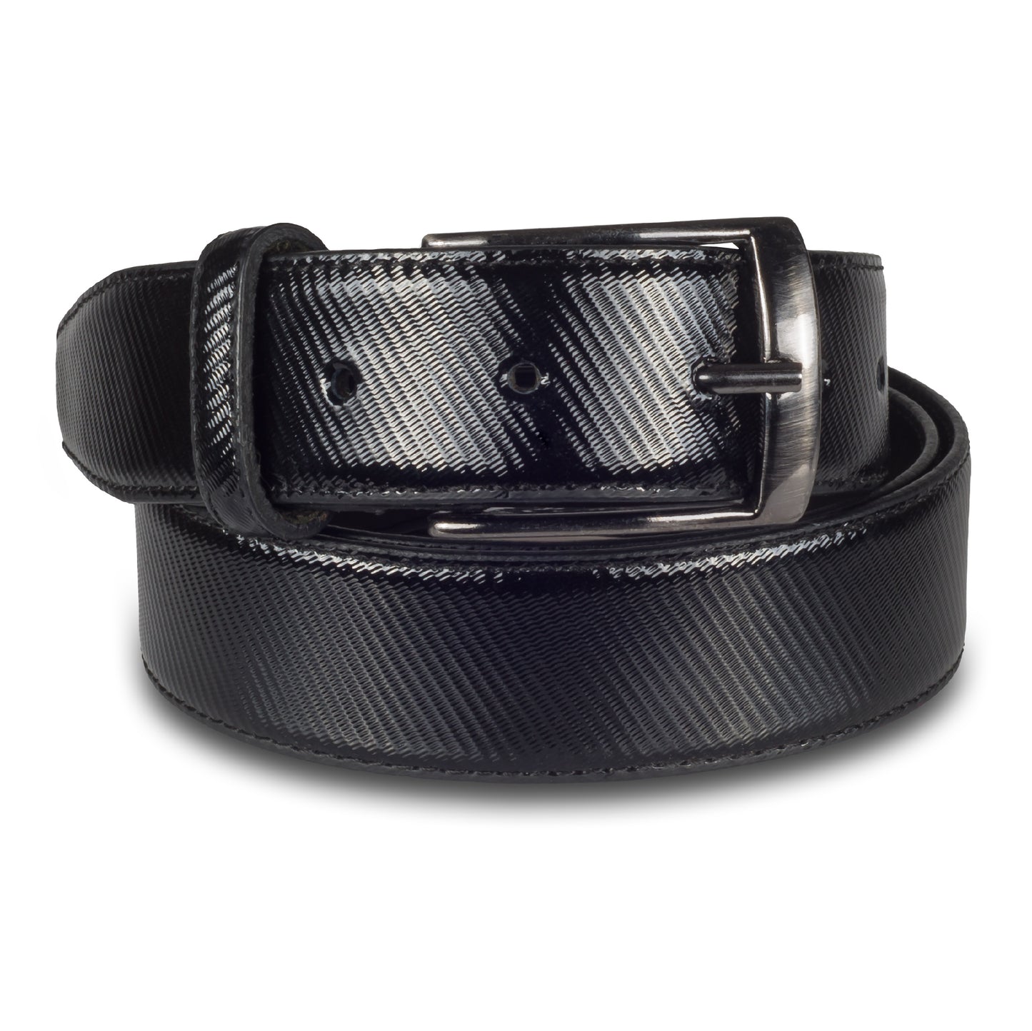 Herren Anzuggürtel aus strukturiertem Lack-Leder in blau 3,3 cm breit. Dunkelsilberne Dornschließe.