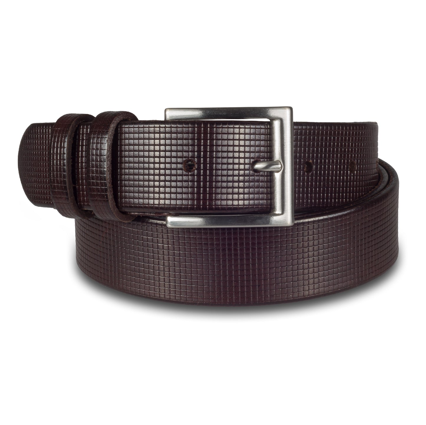 Herren Anzuggürtel aus Leder in dunkelbraun mit geometrischem Muster, 3.3 cm breit. Mattiert silberne Dornschließe.
