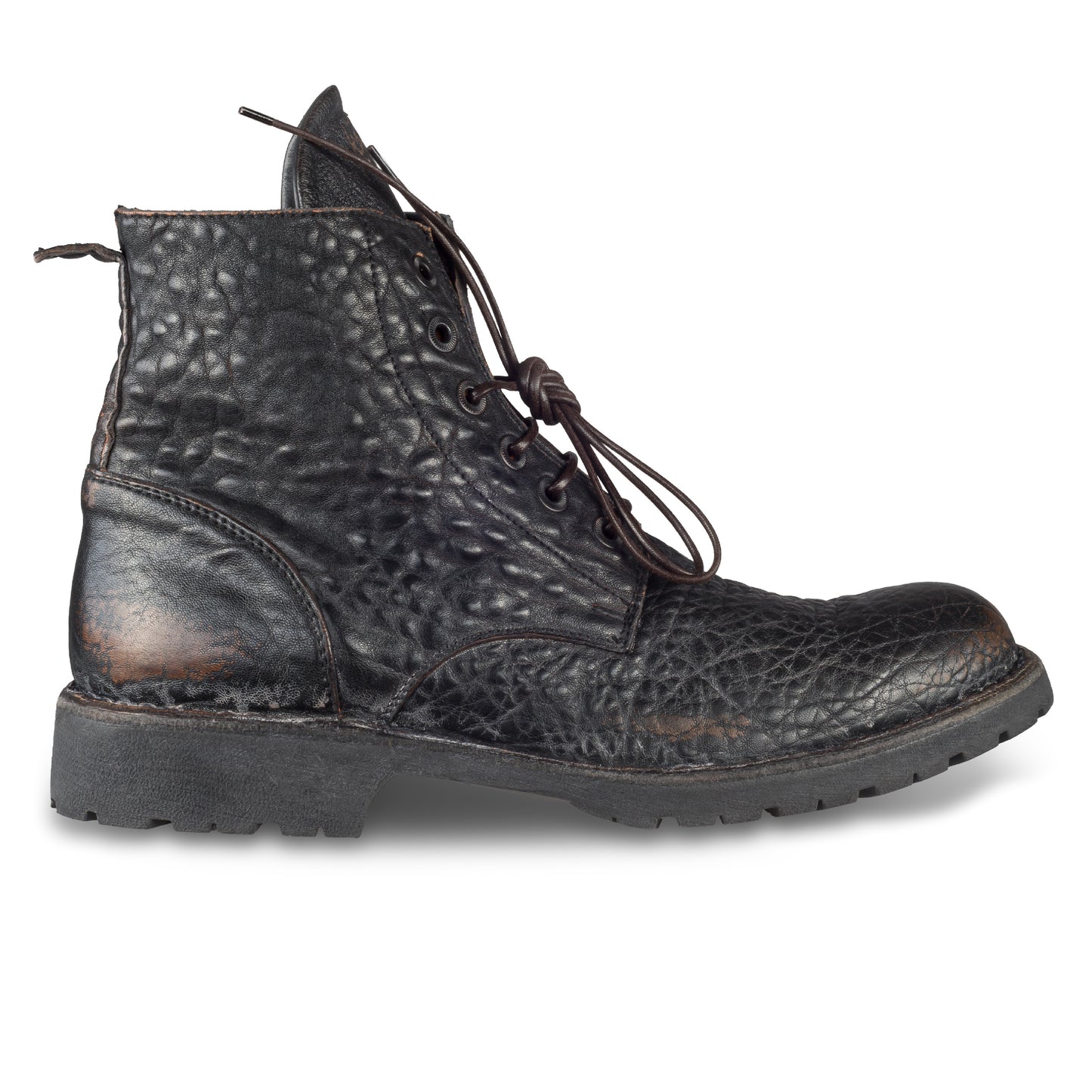 MOMA Schnürstiefelette Herren, braun/schwarz - Genarbtes Kalbsleder used-Look. handgefertigt / durchgenäht in Italien. Ansicht Außenseite rechter Schuh