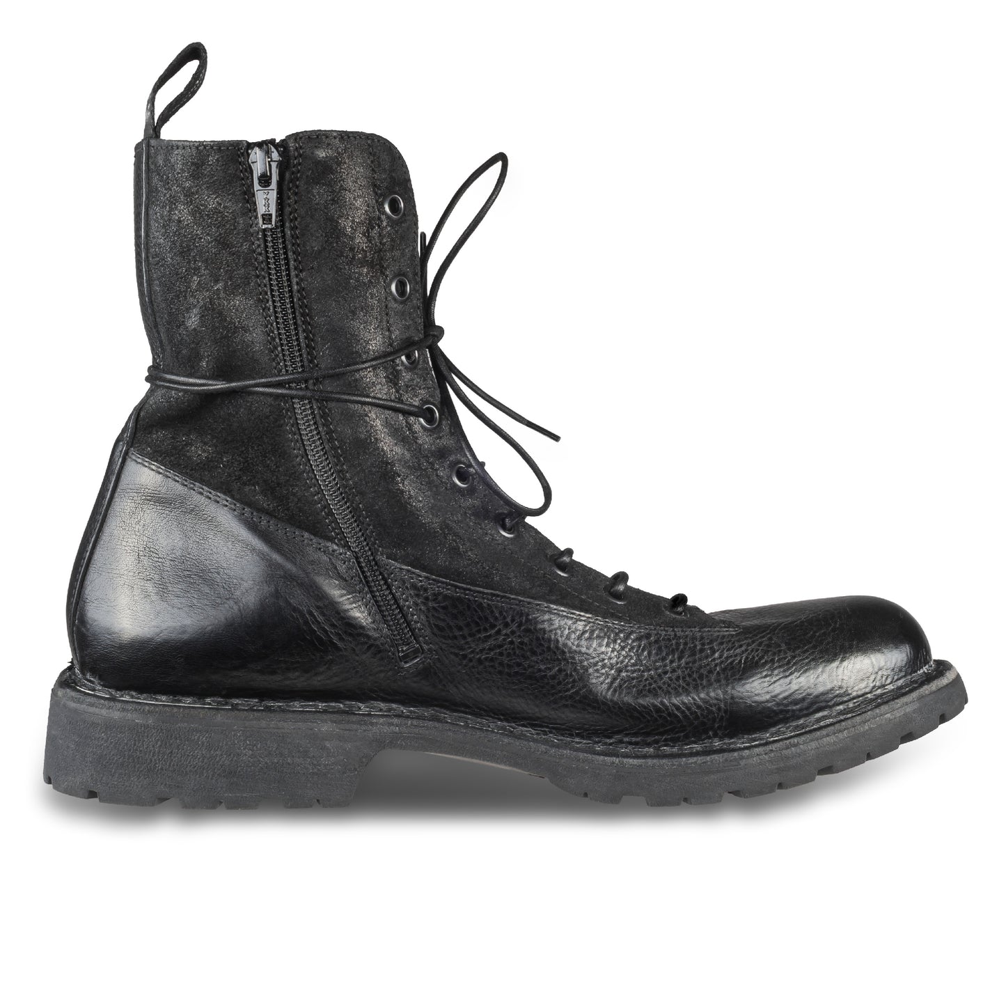 MOMA Schnürstiefelette Herren mit Reißverschluß, schwarzes Glattleder mit Wildleder. Handgefertigt / durchgenäht in Italien. Ansicht Innenseite linker Schuh