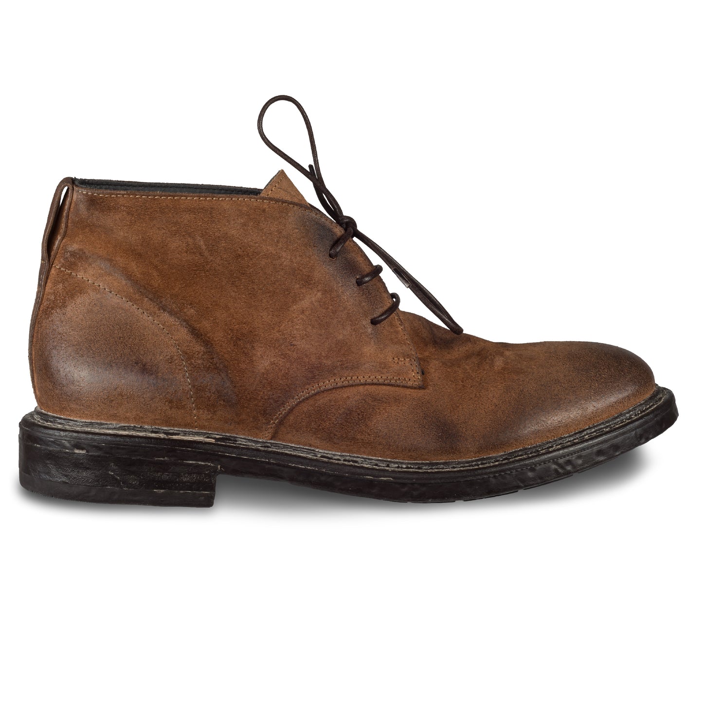 MOMA Italienische Herren Leder Schnürstiefelette / Chukka-Boots in braunem Wildleder, Vintage-Finish. Ansicht Außenseite rechter Schuh