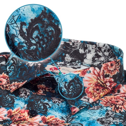 Adamus - Italienisches Herren-Hemd in floralem Print in blau/rot, Viscose, Modern Fit. Detailansicht Kragen und Material bzw. Muster.