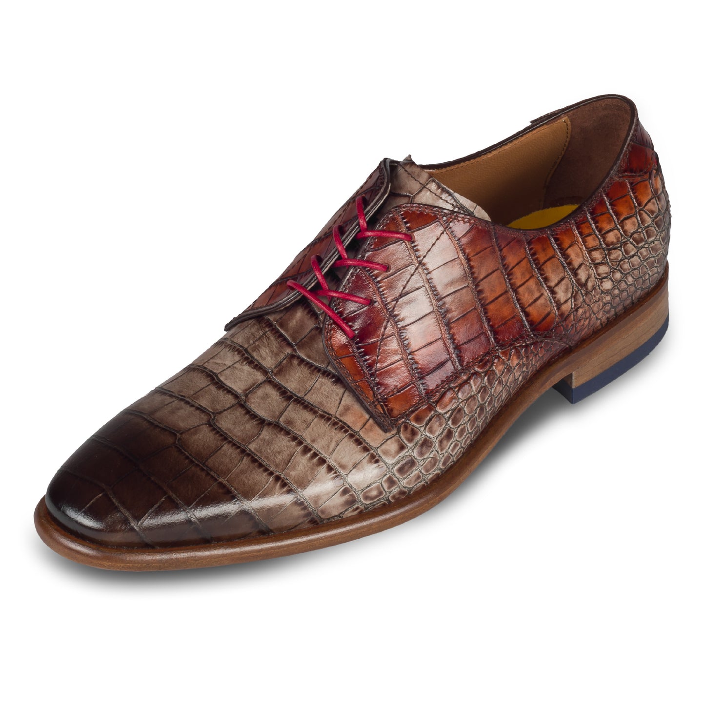 Lorenzi - Extravaganter Herren Derby Schnürschuh aus Kalbsleder in Reptil-Optik schwarz-grau/rot. Handgefertigt und Durchgenäht. Schräge Ansicht linker Schuh.