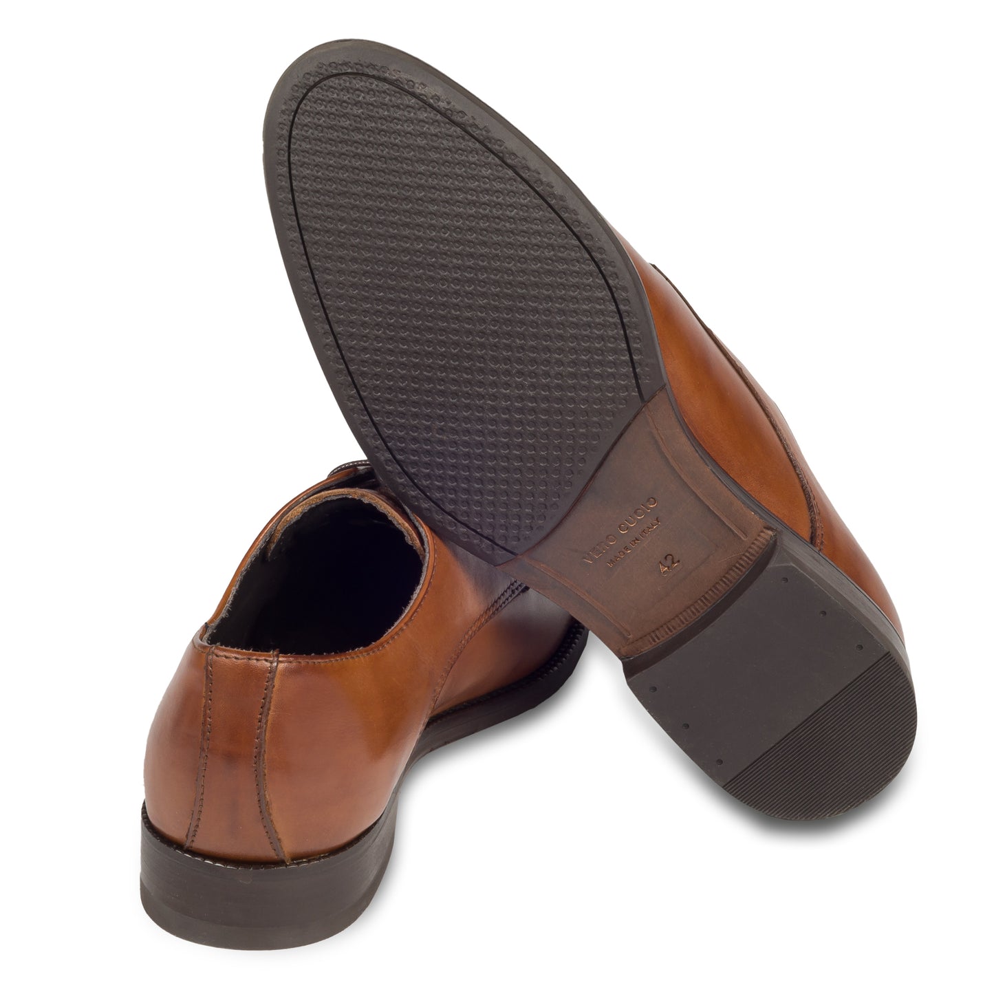 Nicola Benson Anzugschuh, Captoe Derby mittelbraun / cognac braun. Ansicht Sohle und Ferse