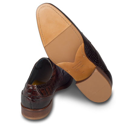 LORENZI Anzugschuhe | Derby Schnürer braun - Kalbsleder in Kroko-Optik, durchgenäht