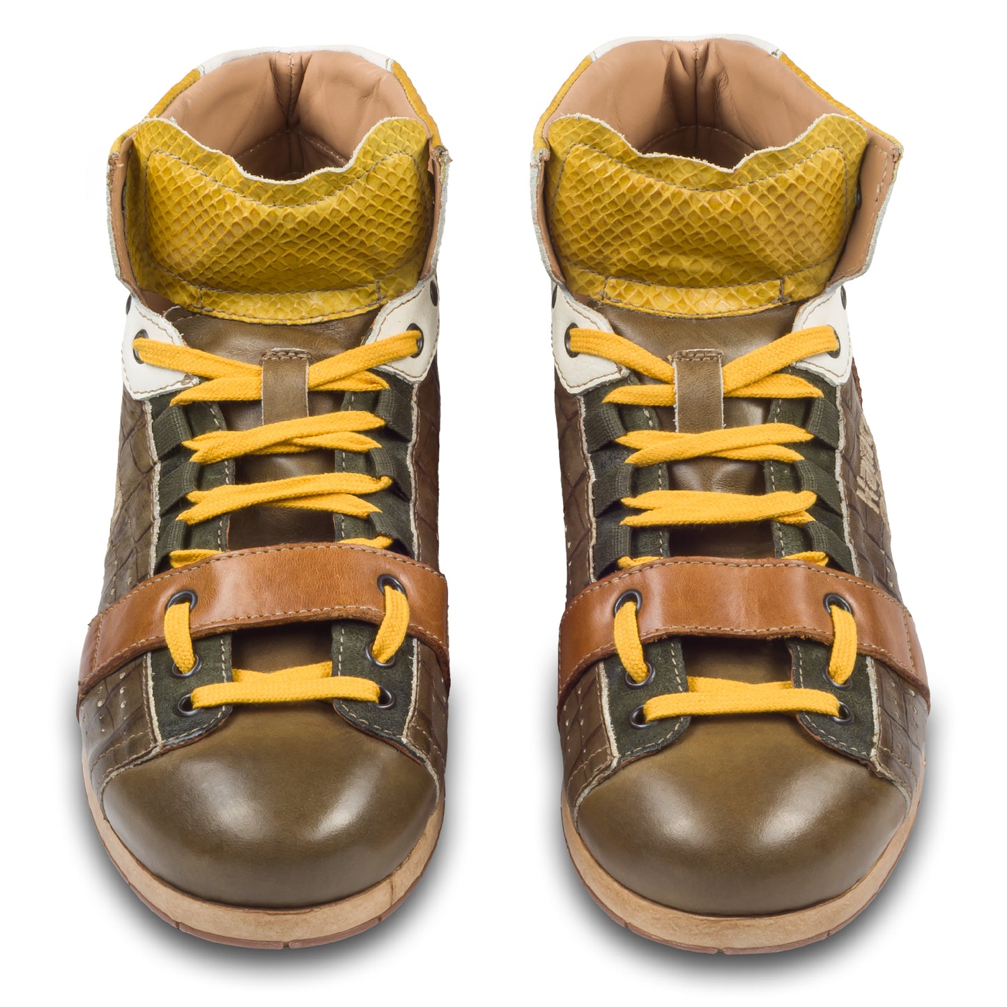 KAMO-GUTSU Leder Sneaker Stiefel, grün / gelb, Retro-Optik, High-Top (TIFO-105 foresta + pitone + lemon)