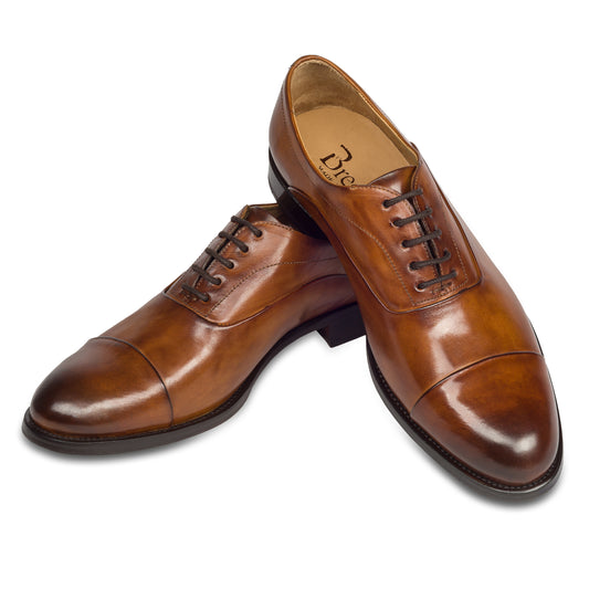 BRECOS Anzugschuhe | Captoe Oxford Schnürer cognac braun, Kalbsleder. Ansicht überkreuzt paarweise