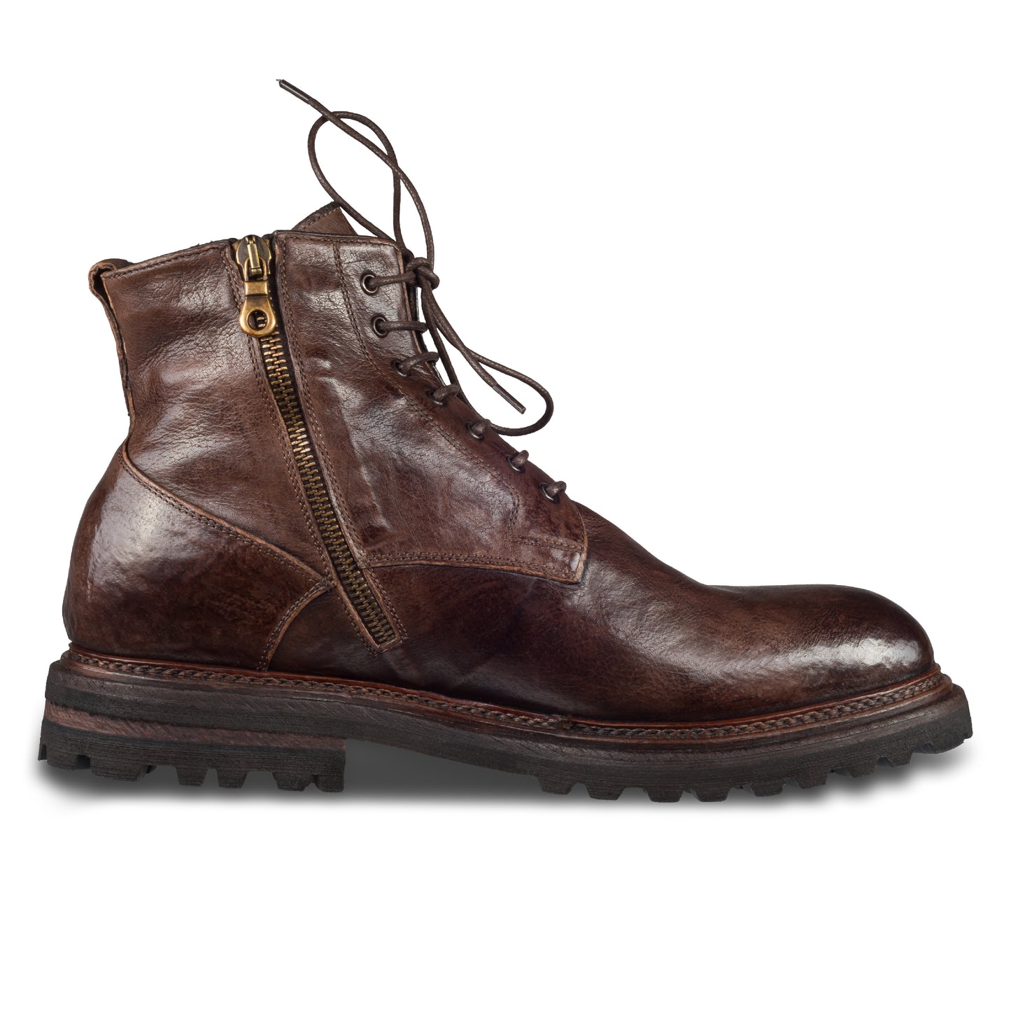 BRECOS Herren Schnür-Boots mit Lammfell, aus Büffel-Leder im stone-washed-Verfahren auf used-Look bearbeitet. In dunkel braun mit Reißverschluß. Handgefertigt und Durchgenäht. Ansicht der Innenseite linker Schuh