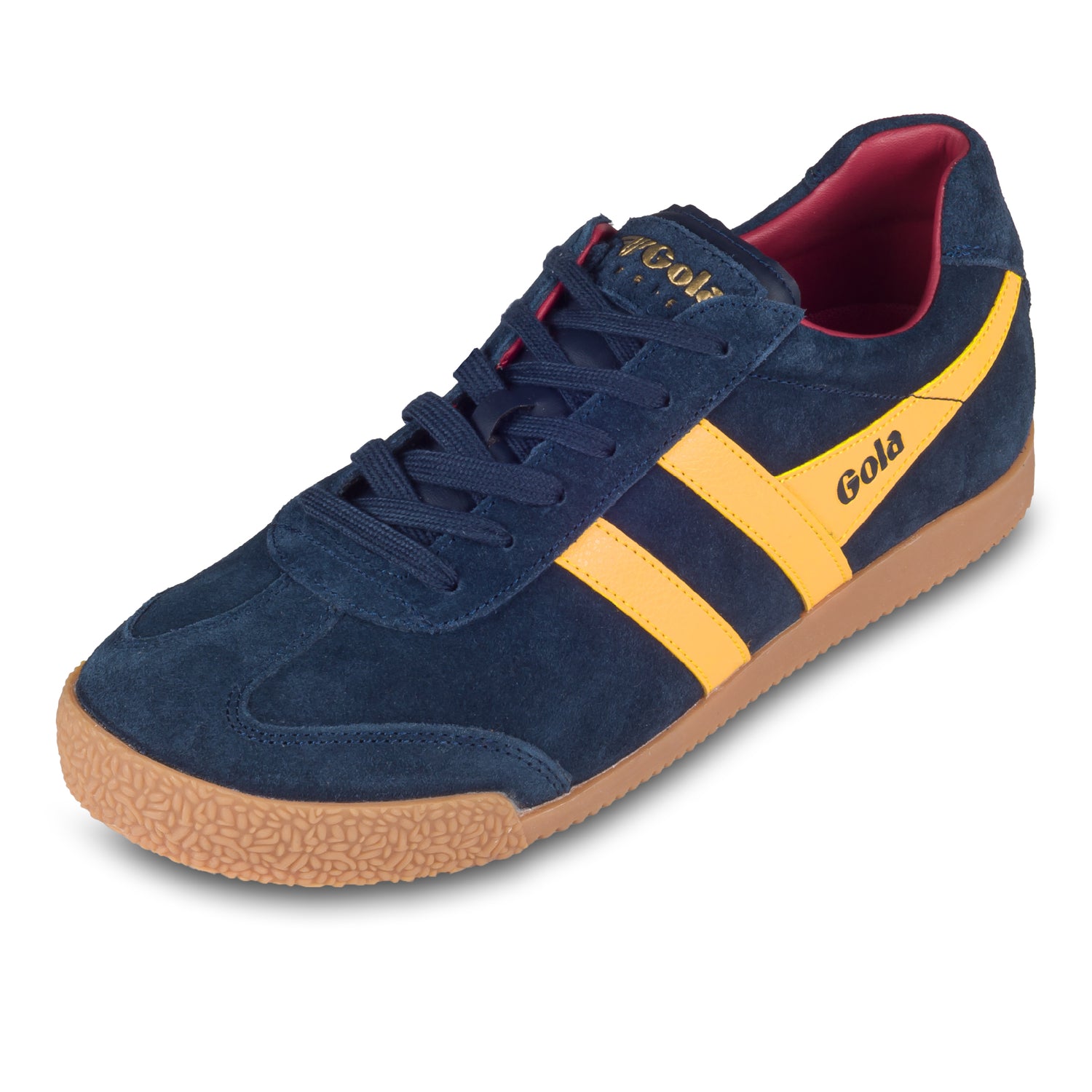 GOLA Herren Sneaker Harrier Suede, blau/gelb. Modell CMA192 Navy/Sun/Red. Schräge Ansicht linker Schuh. 