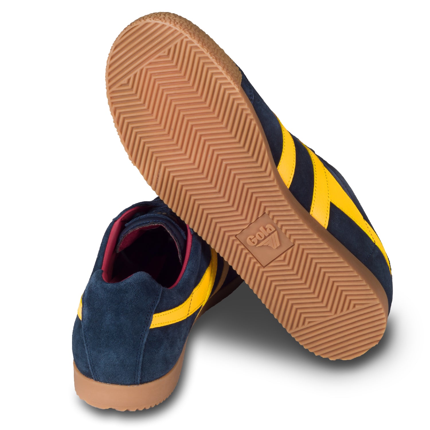 GOLA Herren Sneaker Harrier Suede, blau/gelb. Modell CMA192 Navy/Sun/Red. Ansicht der Ferse und Sohlenunterseite. 