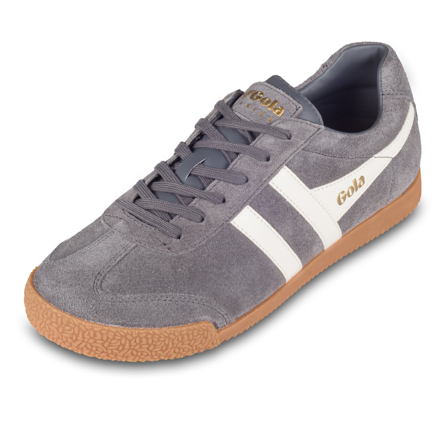 GOLA Herren Sneaker Harrier Suede, grau/weiß. Modell CMA192 Ash/Ecru. Schräge Ansicht linker Schuh. 