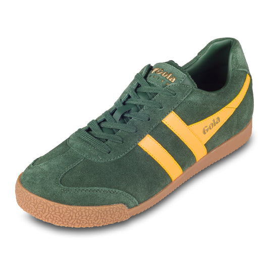 GOLA Herren Sneaker Harrier Suede, grün/gelb. Modell CMA192 Evergreen/Sun. Schräge Ansicht linker Schuh. 