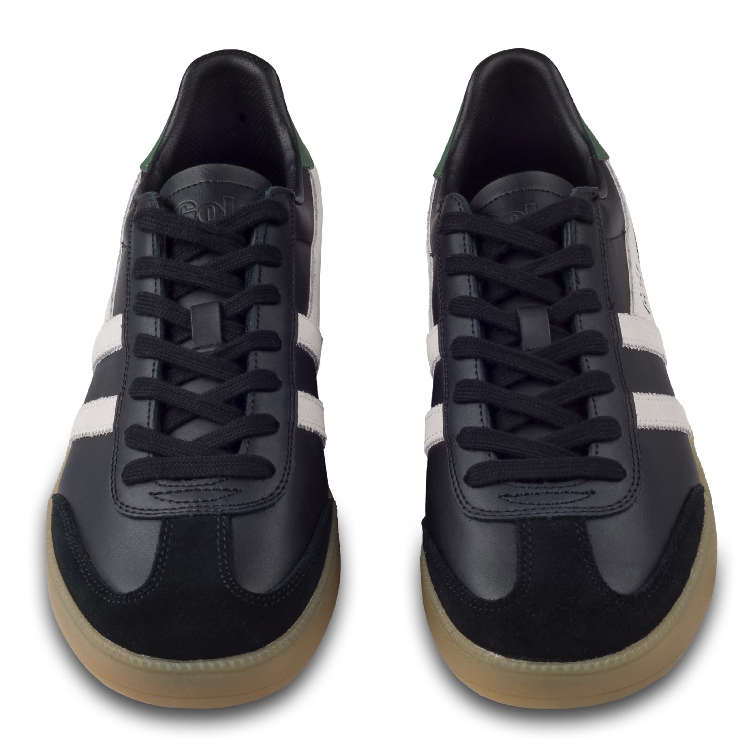 GOLA Herren Sneaker Viper Leather, schwarz/weiß/grün. Modell CMB744 Black/Off White/Evergreen/Gum. Paarweise Ansicht von vorne.  