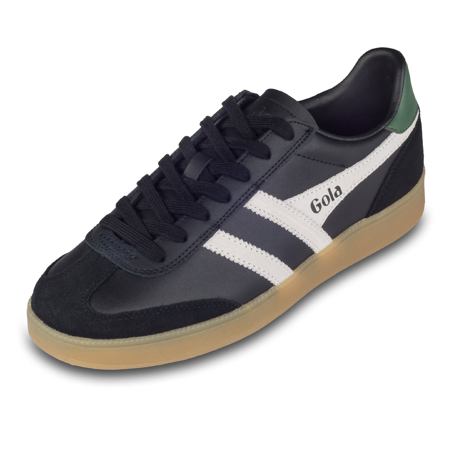 GOLA Herren Sneaker Viper Leather, schwarz/weiß/grün. Modell CMB744 Black/Off White/Evergreen/Gum. Schräge Ansicht linker Schuh. 