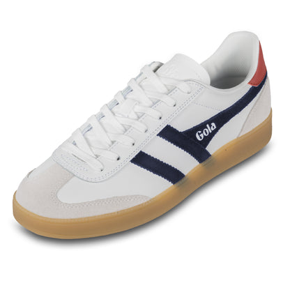 GOLA Herren Sneaker Viper Leather, weiß/blau. Modell CMB744 White/Navy/Rust/Gum. Schräge Ansicht linker Schuh. 