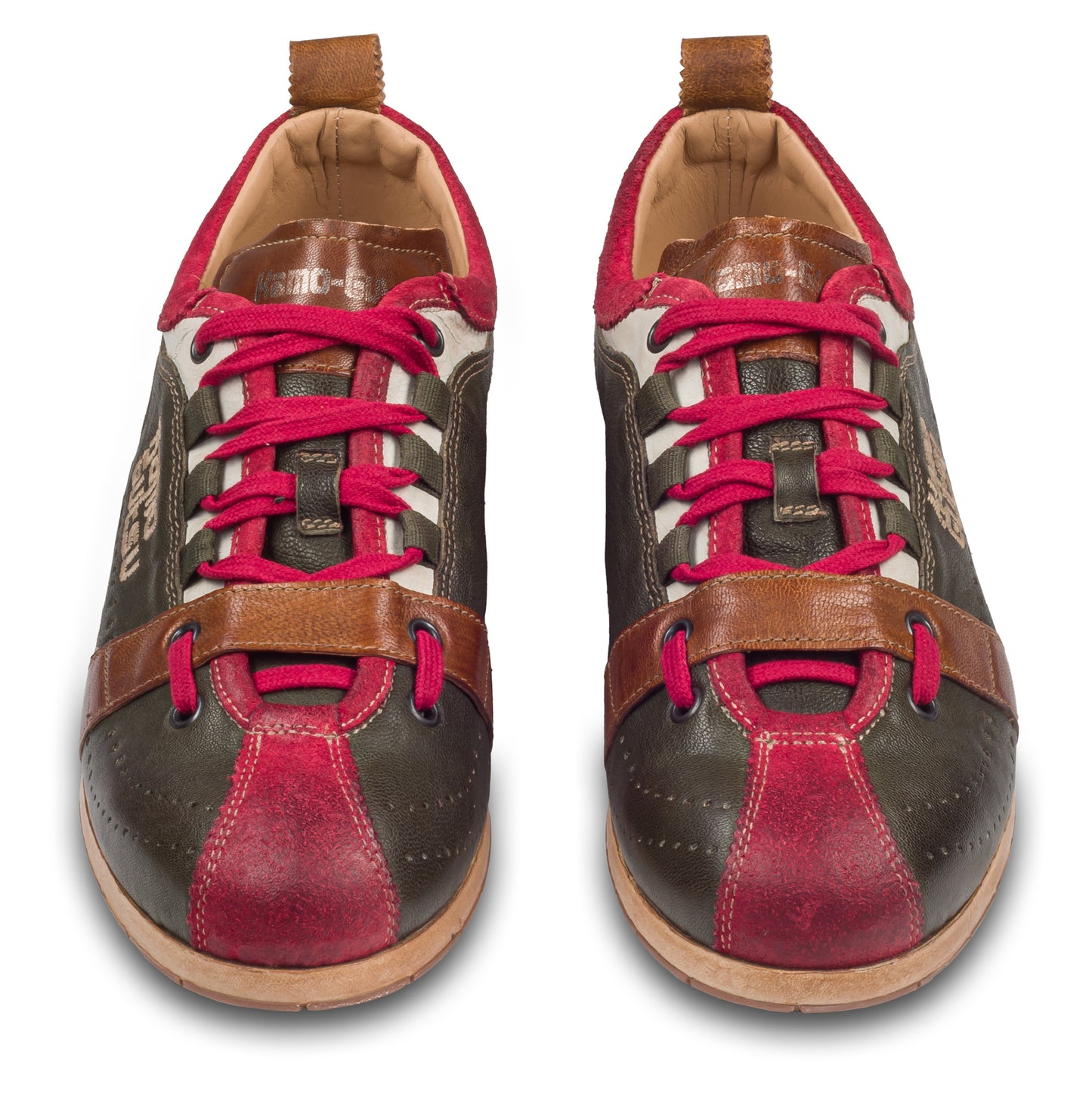 KAMO-GUTSU Herren Leder Sneaker oliv grün / rot, stone-washed. Modell TIFO-017 sangue - verdone. Handgefertigt in Italien. Paarweise Ansicht von vorne.  