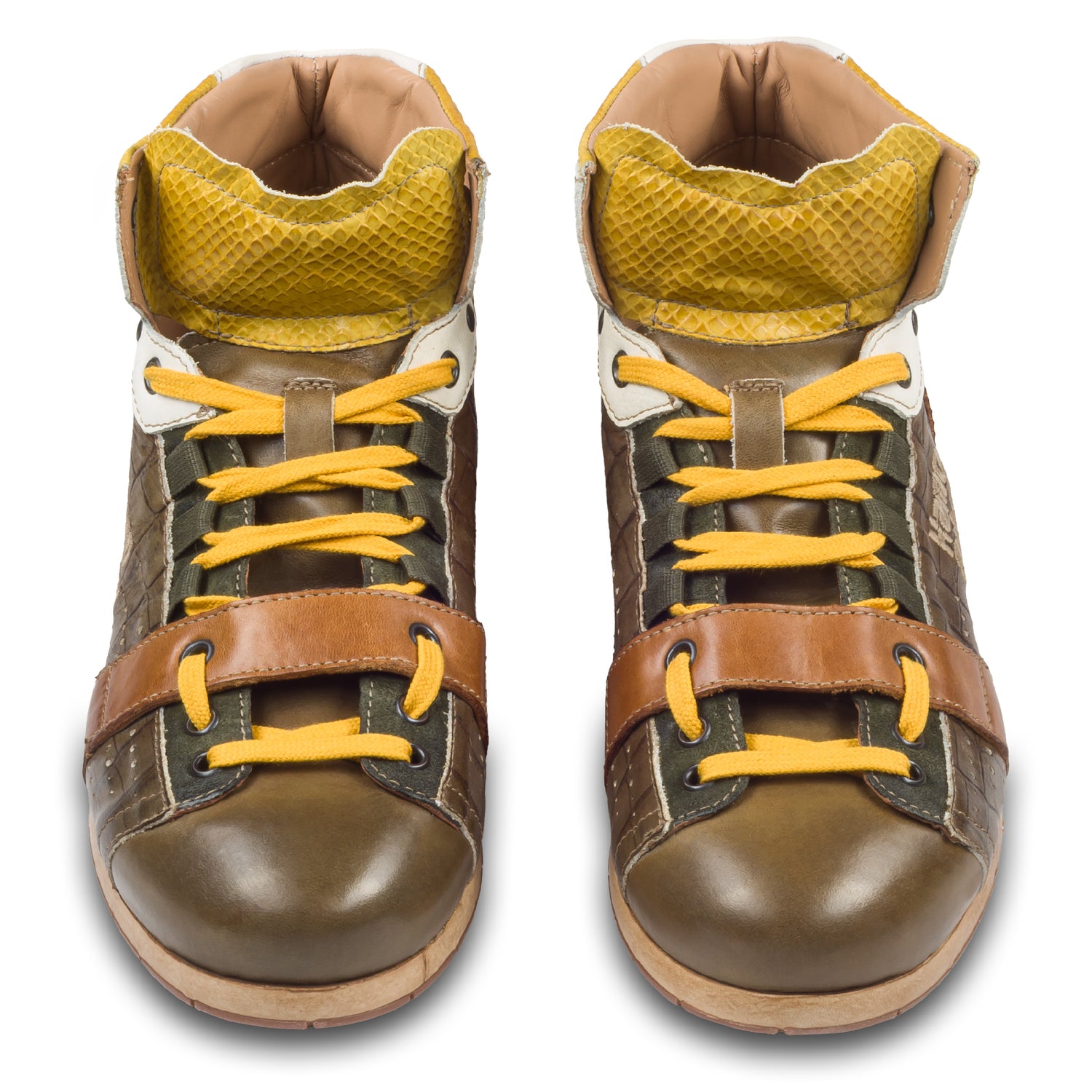 KAMO-GUTSU Herren Leder Sneaker Stiefel in grün / gelb. Modell TIFO-105 foresta pitone lemon. Handgefertigt in Italien. Paarweise Ansicht von vorne