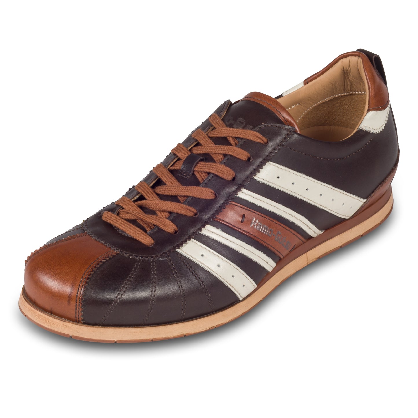 KAMO-GUTSU Herren Sneaker, Kalbsleder, braun/creme-weiß Retro-Optik, Modell TIFO-049 brown tdm -cognac, schräge Ansicht linker Schuh