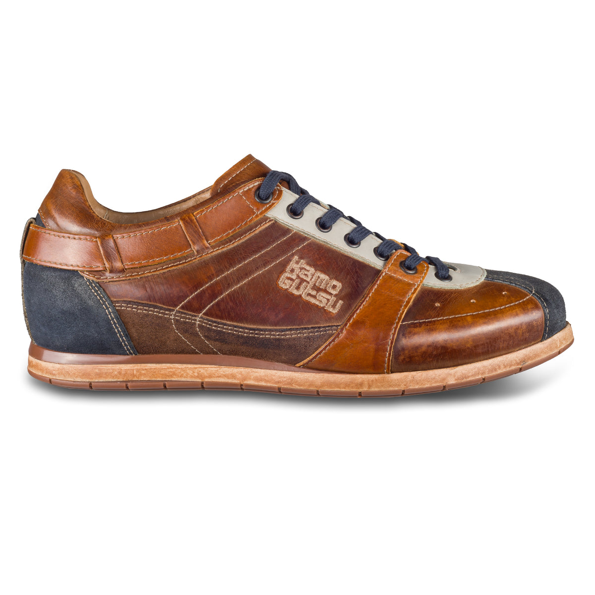 KAMO-GUTSU Herren Sneaker, Kalbsleder, blau-braun Retro-Optik, Modell TIFO-0051 denim-castagno,  Ansicht Außenseite rechter Schuh