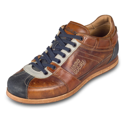 KAMO-GUTSU Herren Sneaker, Kalbsleder, blau-braun Retro-Optik, Modell TIFO-0051 denim-castagno, schräge Ansicht linker Schuh