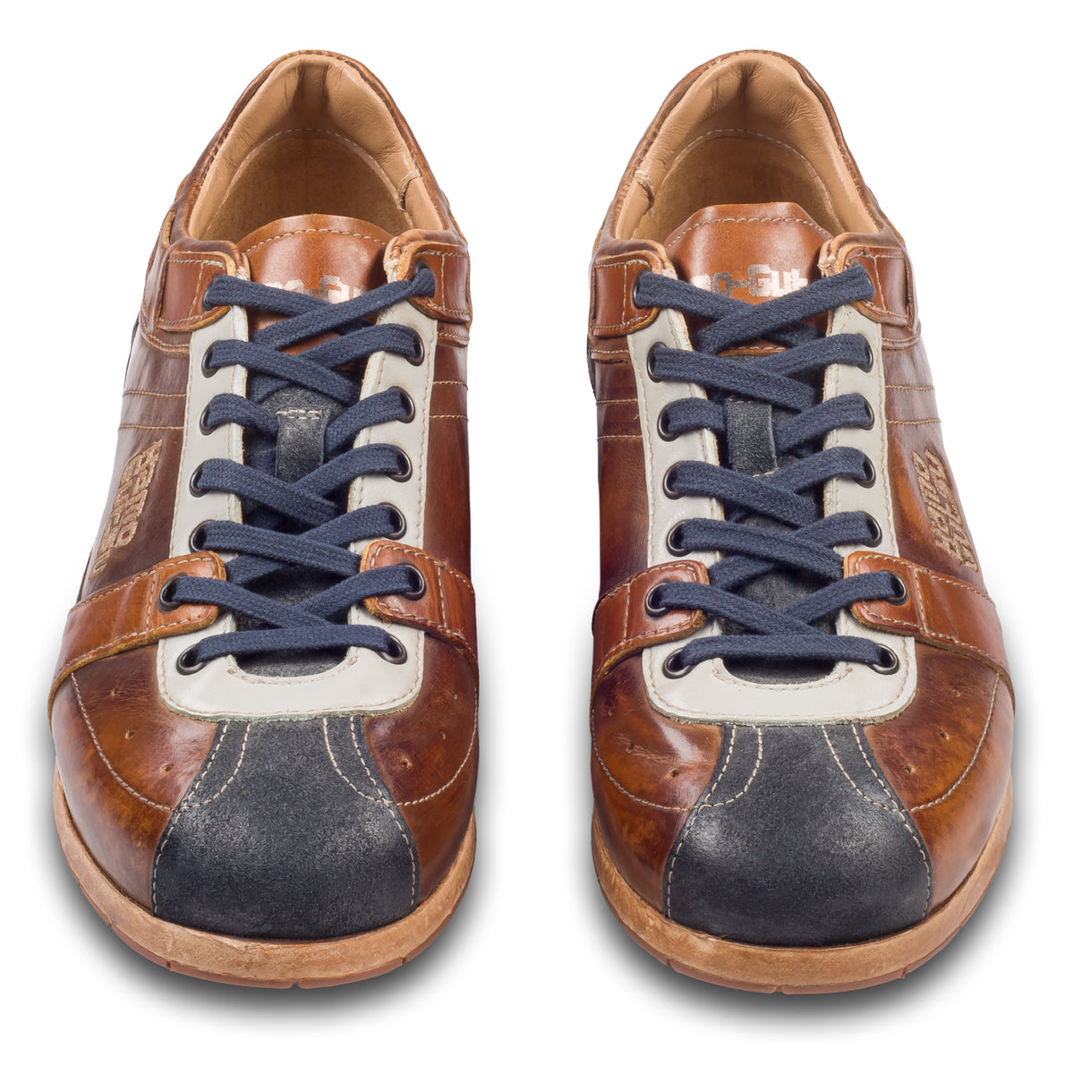 KAMO-GUTSU Herren Sneaker, Kalbsleder, blau-braun Retro-Optik, Modell TIFO-0051 denim-castagno, Ansicht paarweise von vorn
